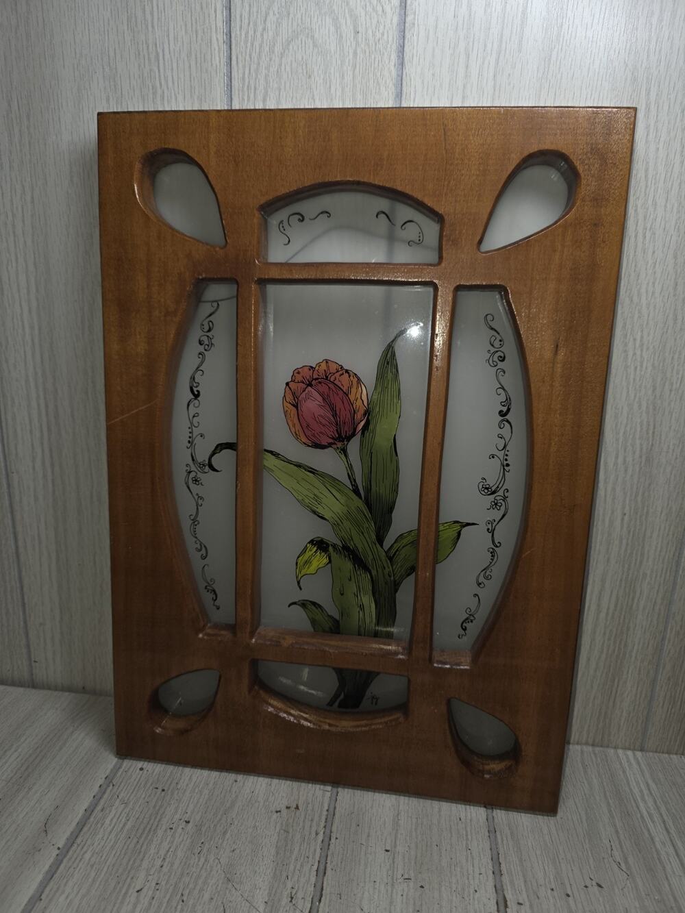Vintage Hand Painted Glass Sun Catcher Tulip 17x12 Wood Framed Cottagecore READ